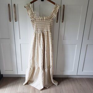 Maxi Dress Womens XXL Beige Gingham Check Smocked Babydoll Cottagecore